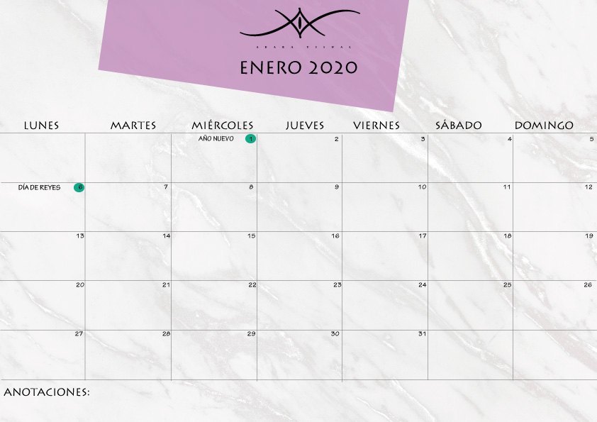 Calendario enero 2020 por adara visual