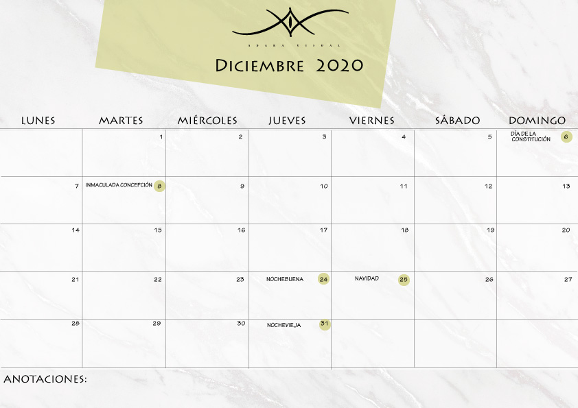 calendario diciembre 2020
